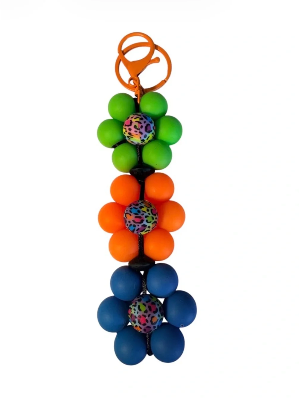 Handmade Colorful Flower Beaded Keychain - Green Orange Blue